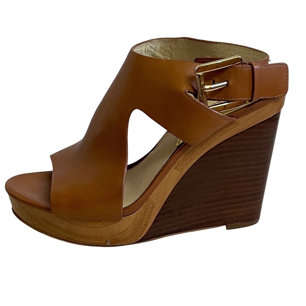 Michael Kors Wedge Sandals Womens 7 Brown Leather Platform Gold Buckle